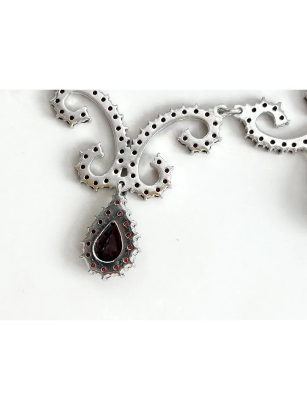 Art Deco Dark Red Teardrop Sterling Silver 925 Vintage Pendant Necklace - 19